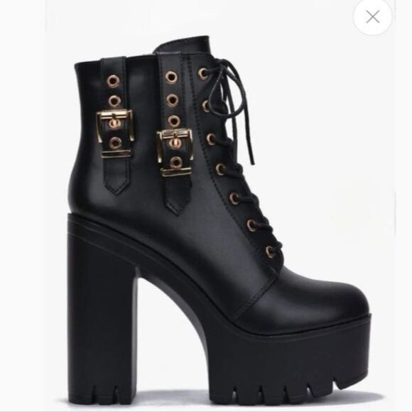 Women's Block Heel Lace Up Botties Black Color - Picture 5 of 5